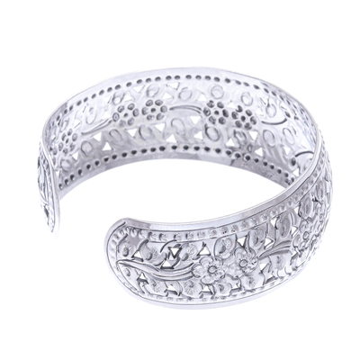 Sterling silver cuff bracelet, 'Precious Garland' - Unique Floral Sterling Silver Cuff Bracelet