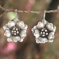 Silver drop earrings, 'Chiang Mai Rose' - Floral Silver Drop Earrings