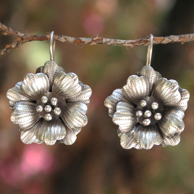Silver flower earrings, 'Chiang Mai Rose' - Floral Silver Drop Earrings