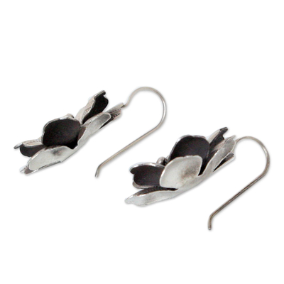 Silver drop earrings, 'Chiang Mai Rose' - Floral Silver Drop Earrings