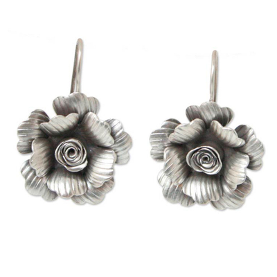 Pendientes flor plata - Pendientes colgantes de plata hechos a mano artesanalmente