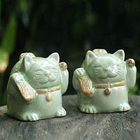 Celadon ceramic statuettes, 'Fortune Cats' (pair) - Handcrafted Celadon Ceramic Sculptures (Pair)
