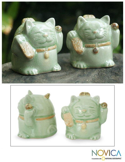 Celadon ceramic statuettes, 'Fortune Cats' (pair) - Handcrafted Celadon Ceramic Sculptures (Pair)