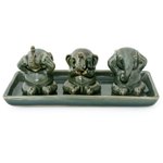 Celadon ceramic figurines, 'Elephant Lessons' (set of 3) - Unique Celadon Ceramic Figurines (Set of 3)