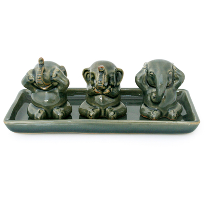 Celadon ceramic figurines, 'Elephant Lessons' (set of 3) - Unique Celadon Ceramic Figurines (Set of 3)