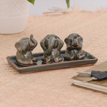 Celadon ceramic figurines, 'Elephant Lessons' (set of 3) - Unique Celadon Ceramic Figurines (Set of 3)
