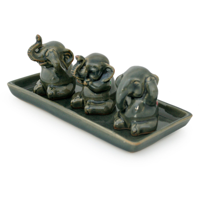 Celadon ceramic figurines, 'Elephant Lessons' (set of 3) - Unique Celadon Ceramic Figurines (Set of 3)