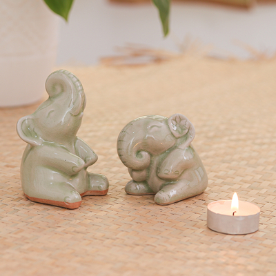 Celadon ceramic statuettes, 'Happy Green Elephants' (pair) - Hand Made Celadon Ceramic Sculptures (Pair)