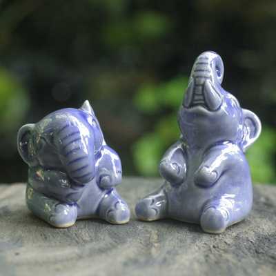 Celadon ceramic statuettes, Happy Blue Elephants (pair)