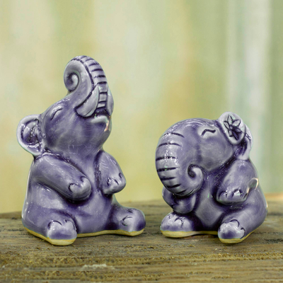 Celadon ceramic statuettes, 'Happy Blue Elephants' (pair) - Hand Crafted Celadon Ceramic Sculptures (Pair)