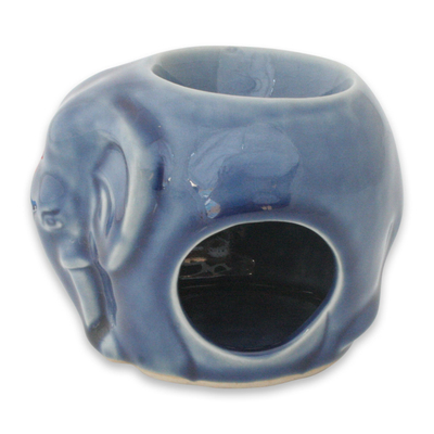 Celadon ceramic oil warmer, 'Sapphire Elephant' - Celadon Ceramic Oil Warmer
