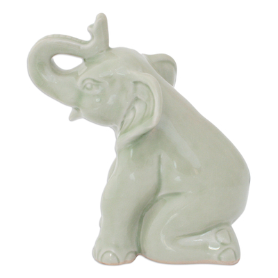 Celadon ceramic statuette, 'Green Elephant Welcome' - Celadon Ceramic Figurine