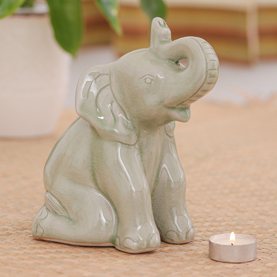Celadon ceramic statuette, 'Green Elephant Welcome' - Celadon Ceramic Figurine