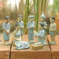 Celadon ceramic nativity scene, Thai Christmas (set of 9)