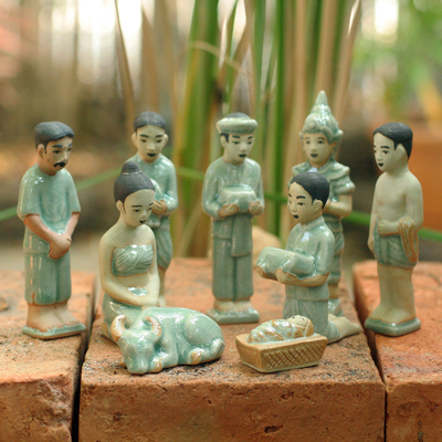 Celadon ceramic nativity scene, 'Thai Christmas' (set of 9) - Celadon Ceramic Nativity Scene (Set of 9)