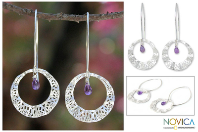 Amethyst dangle earrings, 'Lanna Moon' - Modern Sterling Silver and Amethyst Dangle Earrings