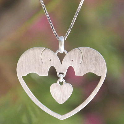 Sterling silver heart necklace, 'Elephants in Love' - Sterling Silver Heart Necklace