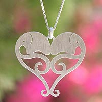 Sterling silver heart necklace, 'Elephant Sweethearts'