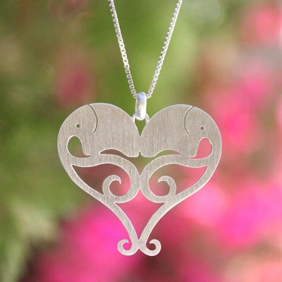 Sterling silver heart necklace, 'Elephant Sweethearts' - Hand Made Sterling Silver Pendant Necklace