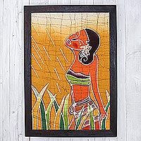 Batik-Kunst, „Ein Spaziergang im Garten“ – handgefertigter Wandbehang aus Batik-Baumwolle