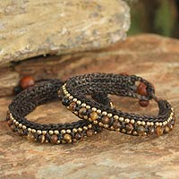 Tiger's eye wristband bracelets, 'Tribal Chic' (pair) - Beaded Tiger's Eye Bracelets (Pair)