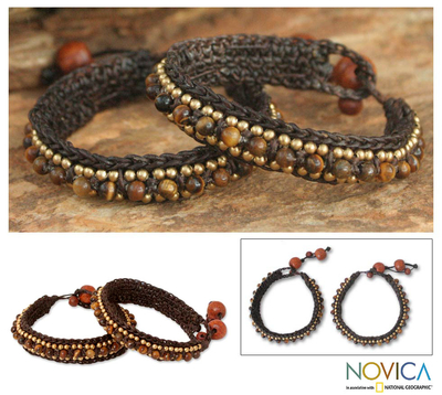 Tiger's eye wristband bracelets, 'Tribal Chic' (pair) - Beaded Tiger's Eye Bracelets (Pair)