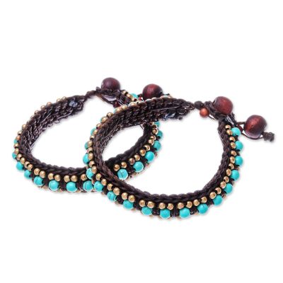 Calcite wristband bracelets, 'Tribal Chic' (pair) - Hand Made Turquoise Colored Wristband Bracelet (Pair)