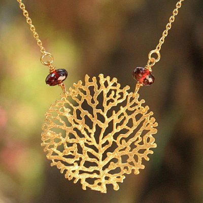 Gold vermeil garnet pendant necklace, 'Living Coral' - Gold vermeil garnet pendant necklace