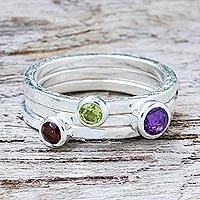 Amethyst and garnet stacking rings, 'Spring Color' (set of 3)