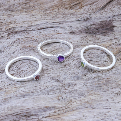Amethyst and garnet stacking rings, 'Spring Color' (set of 3) - Handcrafted Amethyst and Garnet Stacking Rings (Set of 3)