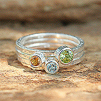 Peridot, topaz, and citrine stacking rings, 'Spring Rainbow' (set of 3) - Peridot and Citrine Stacking Rings (Set of 3)