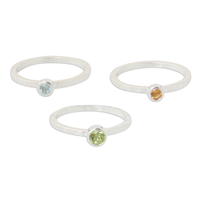 Peridot, topaz, and citrine stacking rings, 'Spring Rainbow' (set of 3) - Peridot and Citrine Stacking Rings (Set of 3)