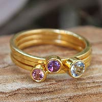 Gold vermeil blue topaz and pink tourmaline stacking rings, 'Spring Glow' (set of 3) - Gold Plated Multigem Stacking Rings (Set of 3)