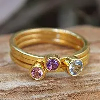 Gold vermeil blue topaz and pink tourmaline stacking rings, 'Spring Glow' (set of 3)