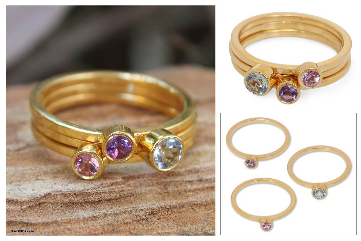 UNICEF Market Gold Plated Multigem Stacking Rings (Set of 3) Spring