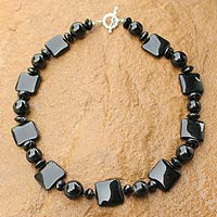 Onyx beaded necklace, 'Black Lily'