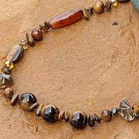 Tiger's eye and carnelian long beaded necklace, 'Exotic Chiang Mai' - Handcrafted Smoky Quartz and Bright Carnelian Necklace 