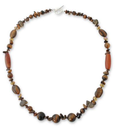 Tiger's eye and carnelian long beaded necklace, 'Exotic Chiang Mai' - Artisan Crafted Beaded Tiger's Eye Necklace