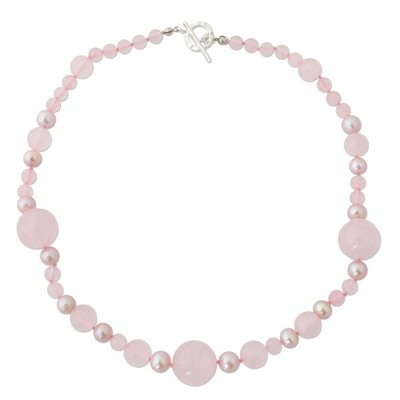 Pearl and rose quartz beaded necklace, 'Thai Romance' - Unique Beaded Pearl and Rose Quartz Necklace