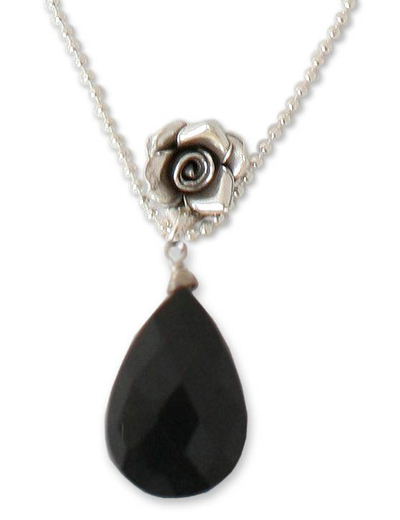 Onyx flower necklace, 'Rose Lover' - Silver and Onyx Pendant Necklace