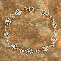 Fair Trade Sterling Silver Link Bracelet,'Filigree Diamonds'