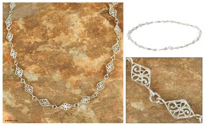 Sterling silver link necklace, 'Filigree Diamonds' - Sterling Silver Link Necklace from Thailand