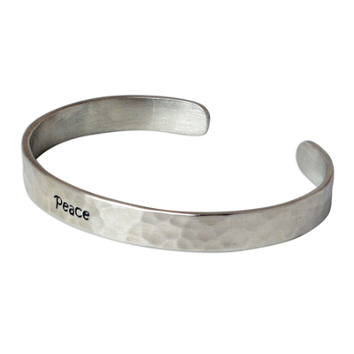 Sterling silver cuff bracelet, 'Peace' - Inspirational Sterling Silver Cuff Bracelet from Thailand