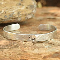 Sterling silver cuff bracelet, 'Love'