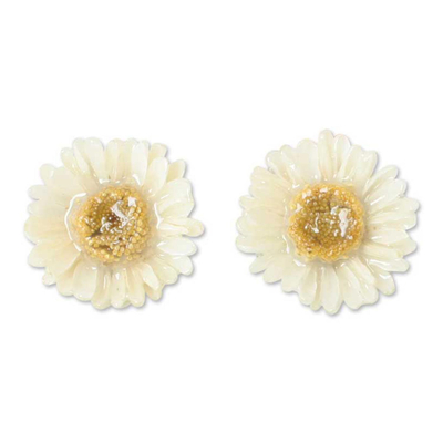 Natural flower earrings, 'White Aster' - Natural Flower Button Earrings