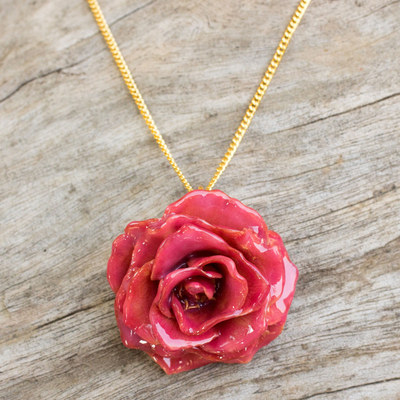 collar con colgante de rosa natural - Collar con colgante de flor natural hecho a mano.