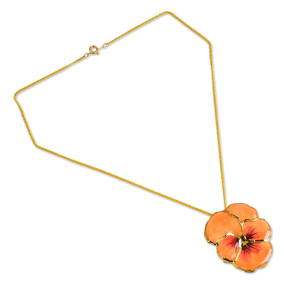 Natural flower pendant necklace, 'Peach Pansy' - Natural Flower Pendant Necklace from Thailand