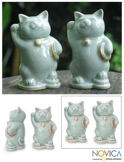 Celadon ceramic statuettes, 'Charming Good Luck Cats' (pair) - Celadon Ceramic Sculptures (Pair)