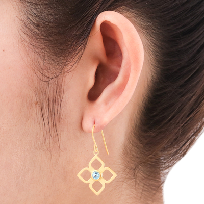 Gold plated blue topaz flower earrings, 'Thai Bloom' - Gold plated blue topaz flower earrings