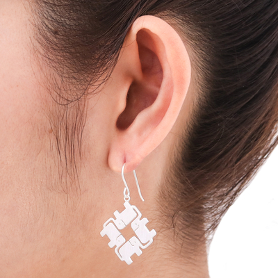 Sterling silver dangle earrings, 'Elephant Matrix' - Handcrafted Sterling Silver Elephant Earrings